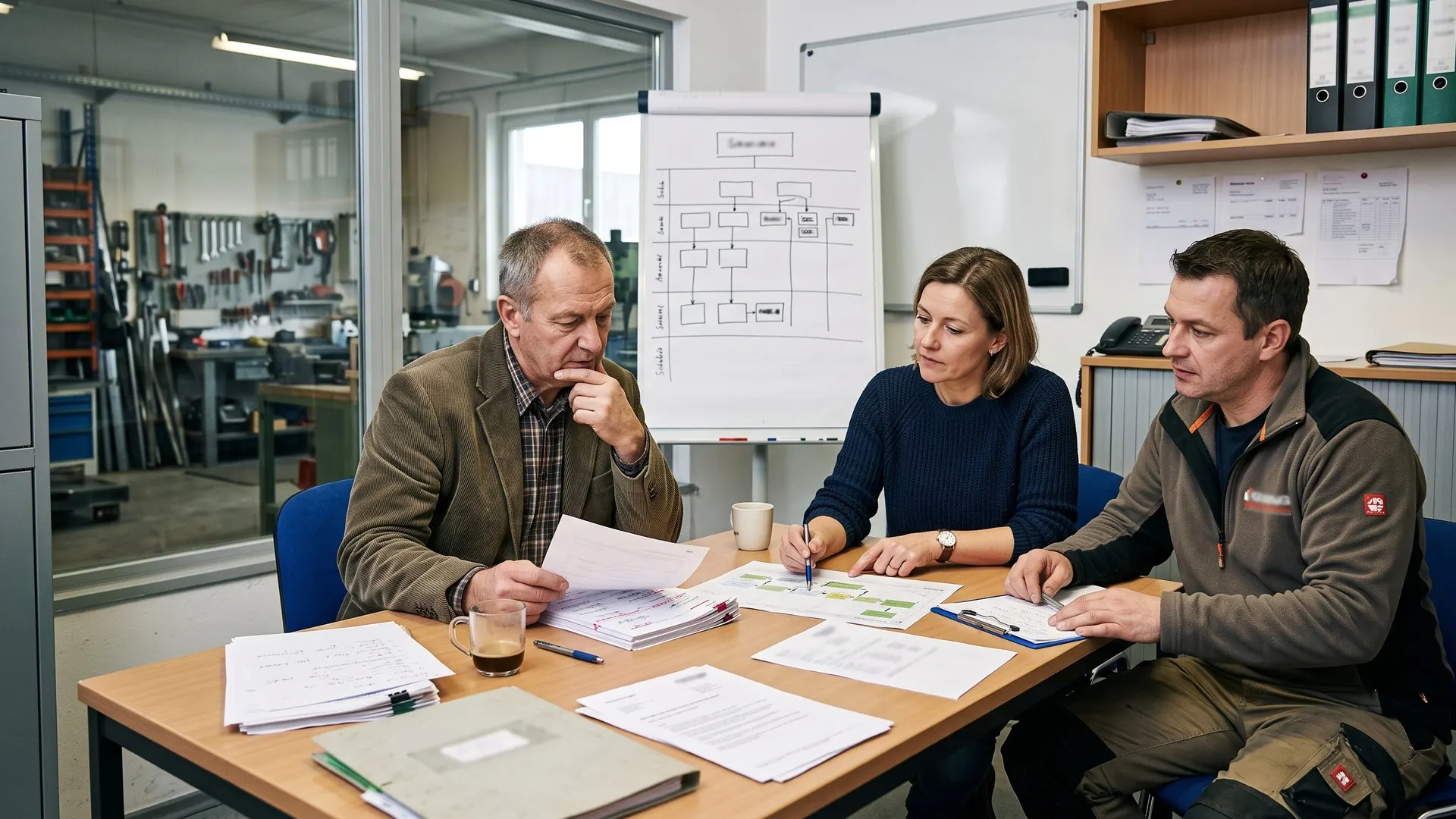 Drei Mitarbeitende eines KMU prüfen gemeinsam Prozessunterlagen in einem Büro neben der Werkstatt.