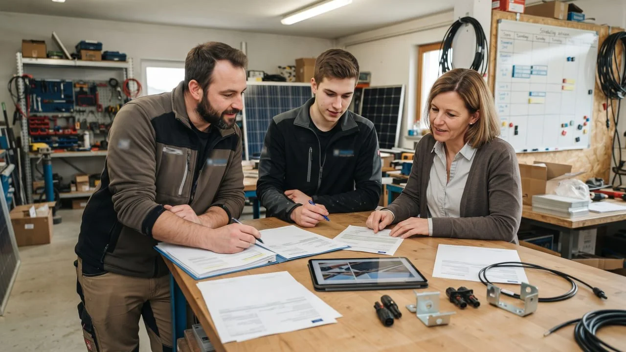 Drei Mitarbeitende eines Handwerksbetriebs prüfen gemeinsam Projektunterlagen an einer Werkbank.