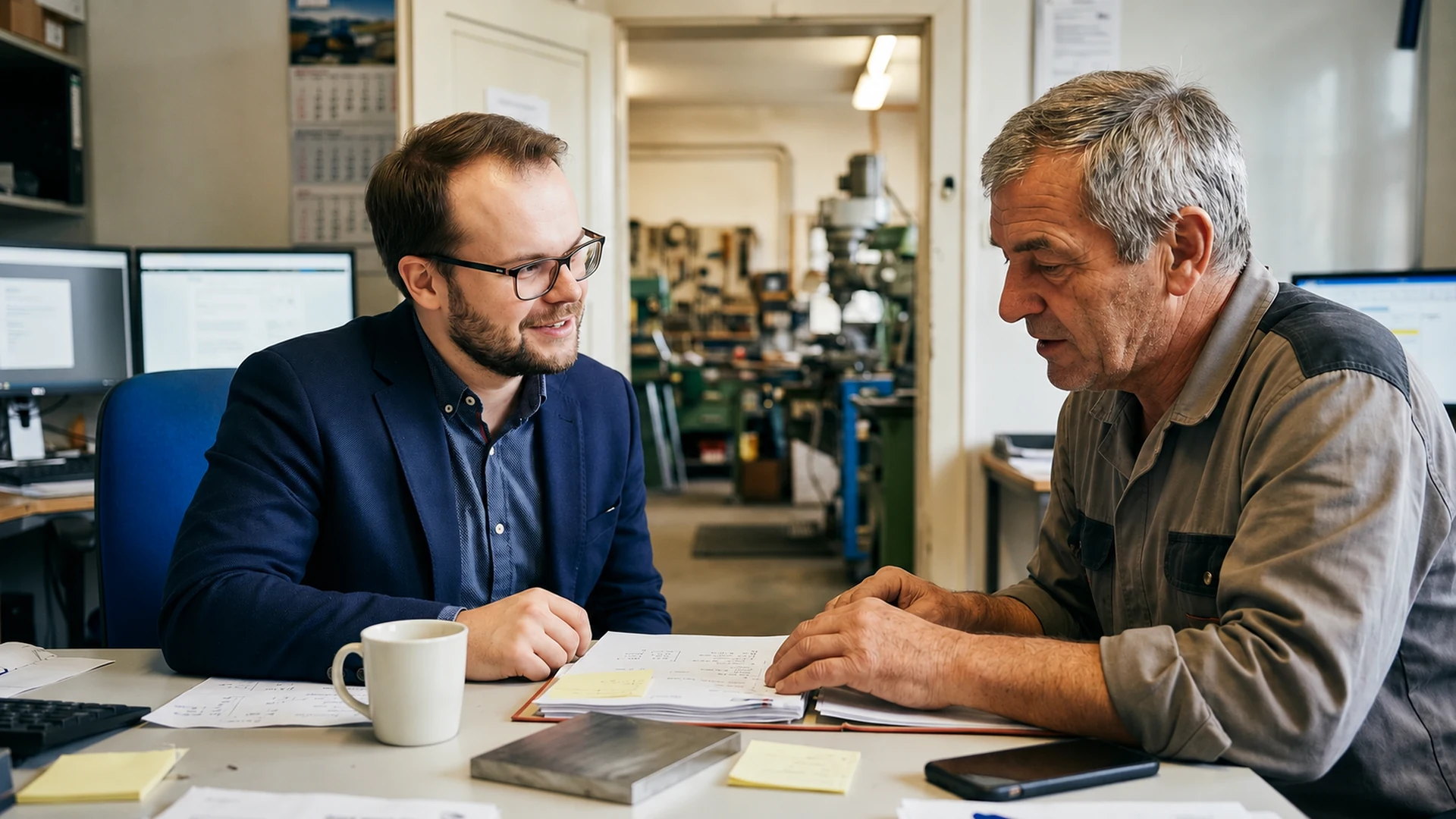 Peter Zipper bespricht mit einem Betriebsinhaber Unterlagen am Übergang zwischen Büro und Werkstatt.