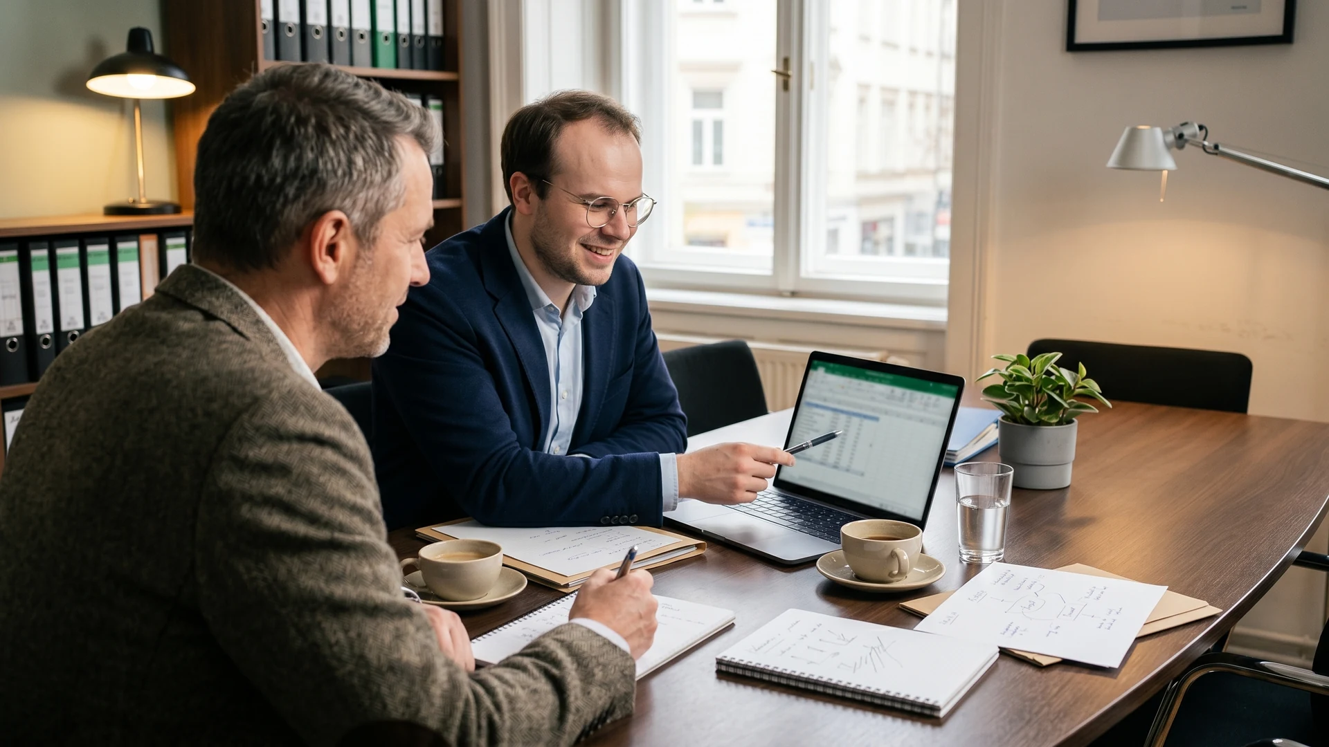Peter Zipper prüft mit einem Kunden am Laptop Daten, Angebote und nächste Schritte für eine strukturierte Analyse.